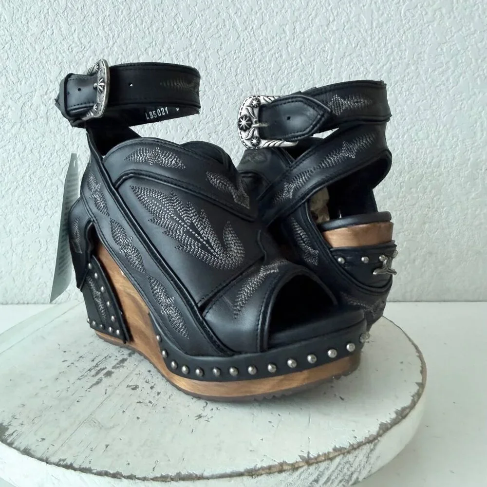 Lane Lexington Jet Black Leather Western Wedge Sandals Wood Heel Womens 7 - Picture 10 of 11